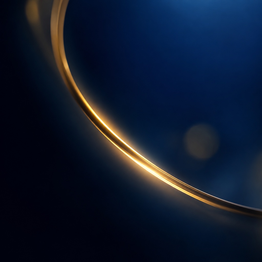 Macro view of a glowing gold ring curving against a eep navy gradient