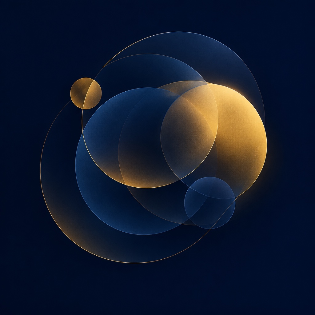Abstract layered gold and navy circles overlapping ike orbital paths
