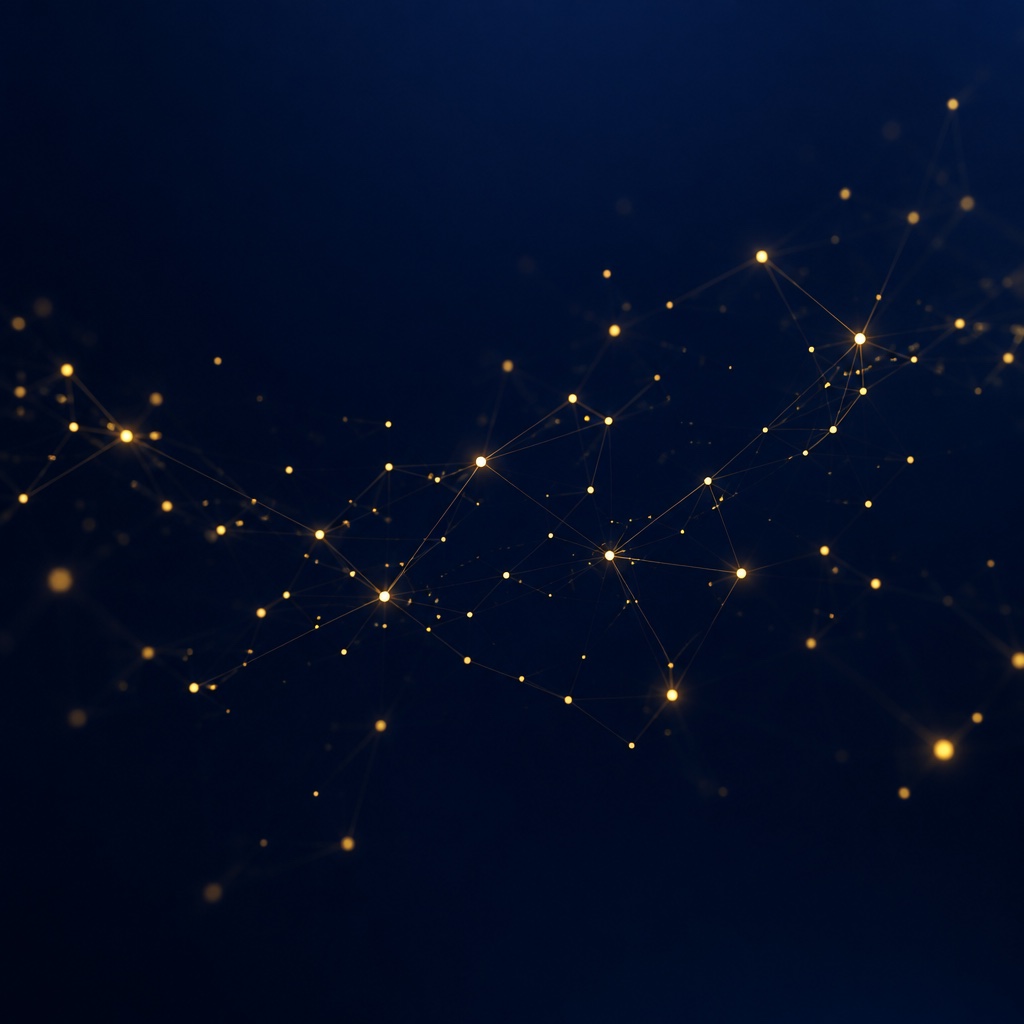 Abstract constellation of glowing gold nodes conneced by fine lines over navy