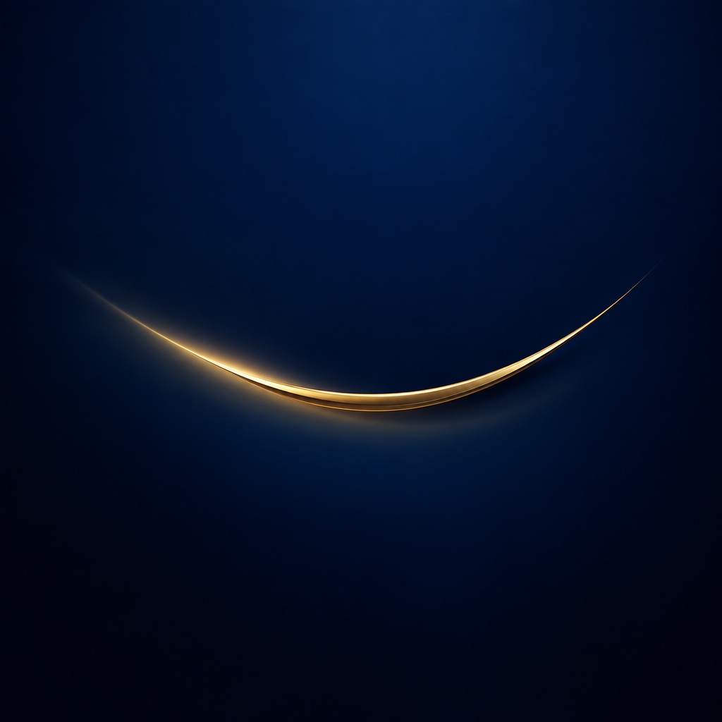 Abstract sculptural gold arc with a soft light trai over navy