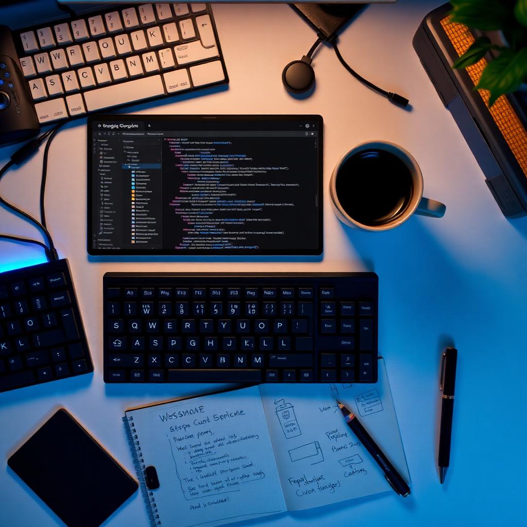Developer workspace with code editor and site sketches